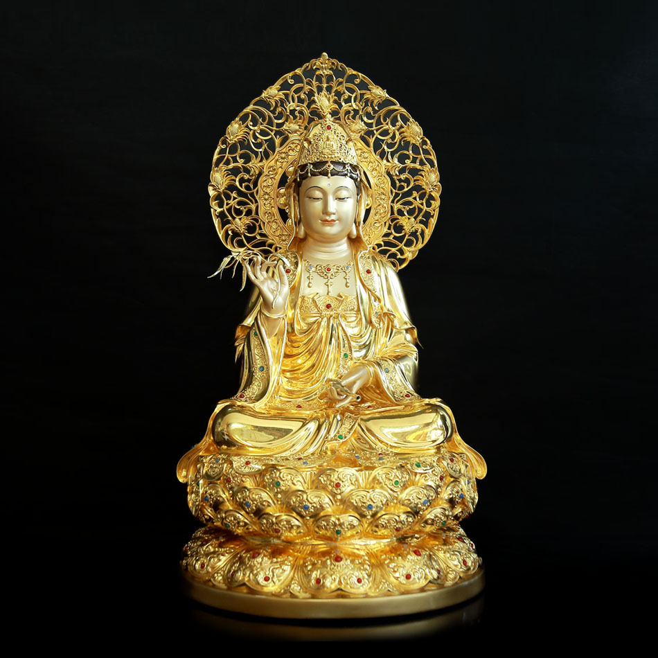 Tượng Quan Âm Ngồi Đài Sen Bằng Đồng Men Cổ Viền Vàng Mẫn Bảo, Cao 66cm (Tổng Lá Đề 77cm)