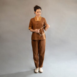 Bộ Quần Áo Phật Tử Nữ Cổ Chữ Y Thêu Như Ý Màu Nâu, Size: XS, S, M, L