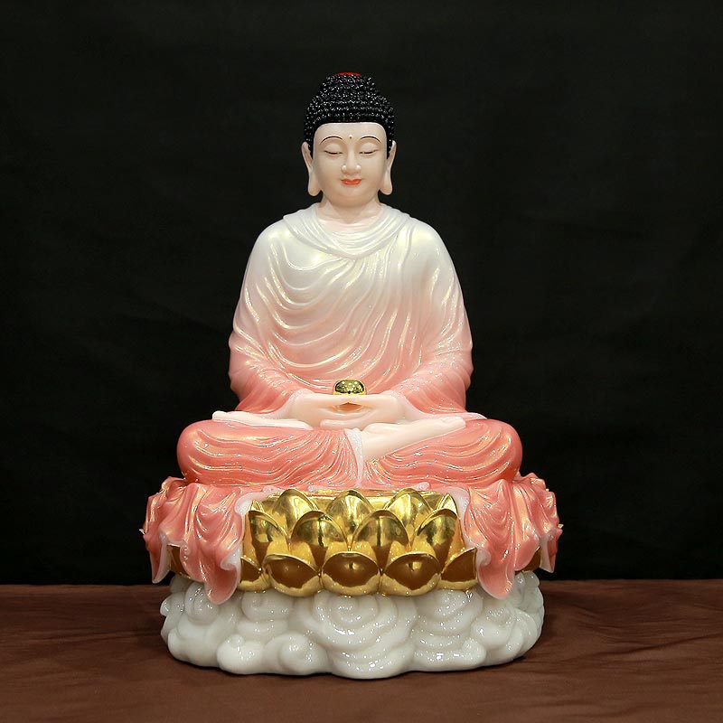 Tượng Phật Thích Ca Áo Hồng Tĩnh Tâm Ngồi Đài Sen Bằng Bột Đá, Cao 48cm