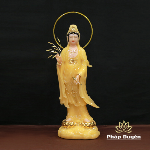 Tượng Quan Âm Bồ Tát Đứng Song Liên, Bằng Bột Đá Màu Thạch Anh, Cao 48cm
